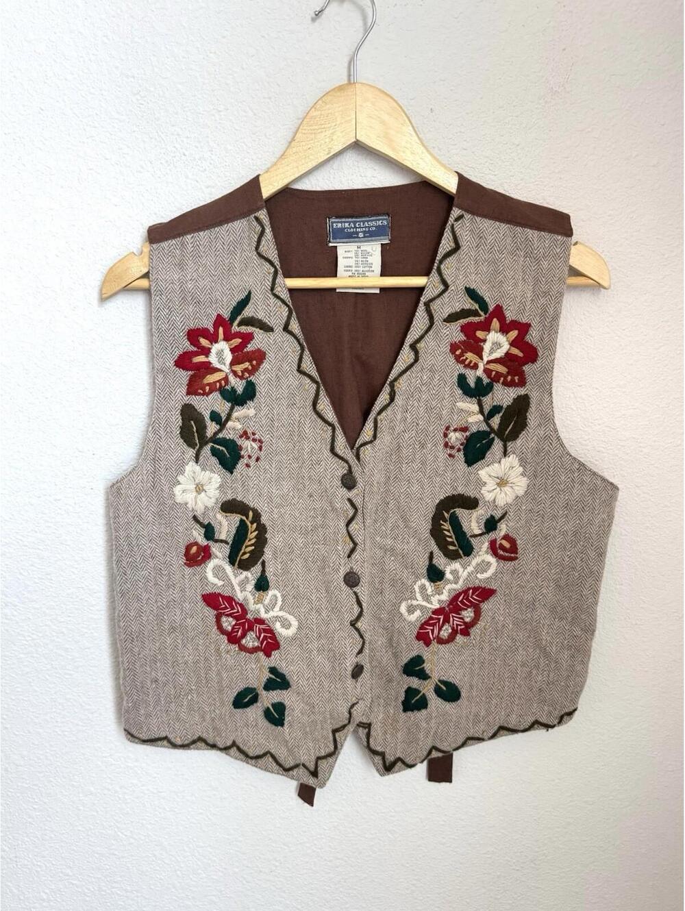 Erika Classics Floral Wool Sweater Vest Embroidered Boho Cottagecore Size Med